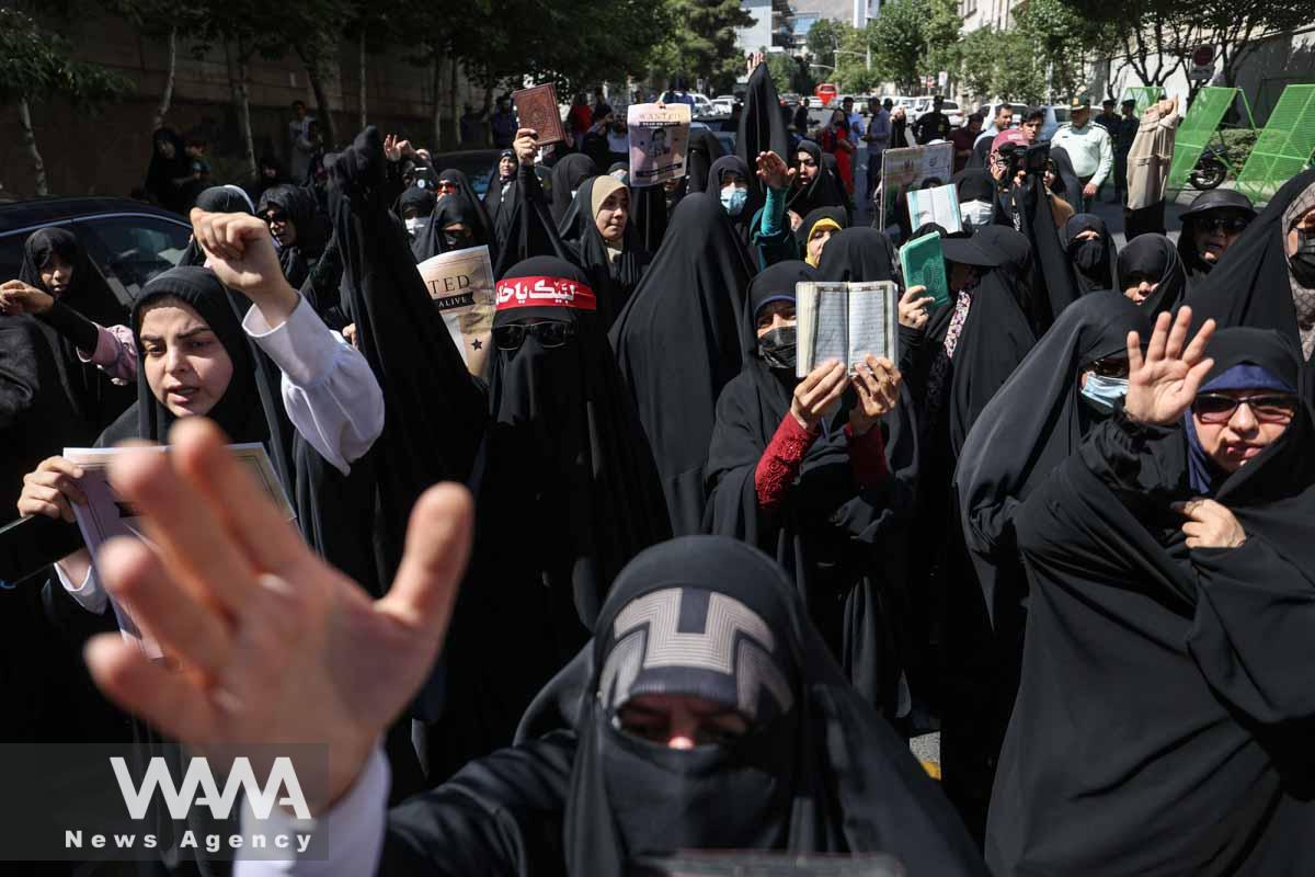 Demonstrators take part in a protest, against a man who burned a copy of the Quran outside a mosque in the Swedish capital Stockholm, in front of the Swedish Embassy in Tehran, Iran June 30, 2023. Majid Asgaripour/WANA (West Asia News Agency)