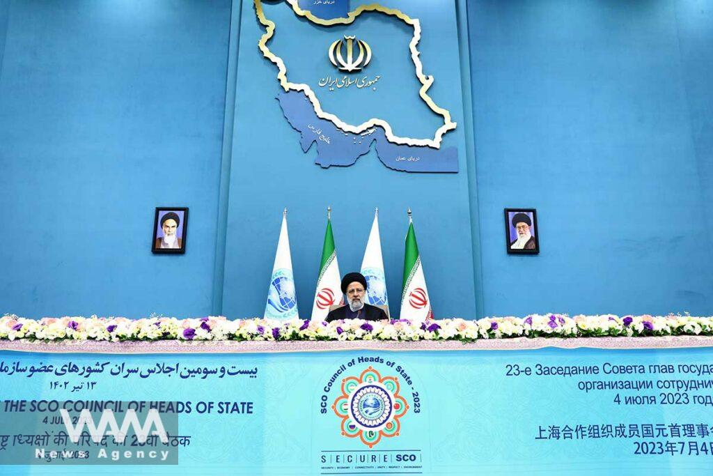 Iranian President Ebrahim Raisi attends the 23rd Shanghai Cooperation Organisation Council of Heads of State (SCO) Summit via video link at the Office of the President of Iran, in Tehran, Iran, July 4, 2023. Iran's Presidency/WANA (West Asia News Agency)