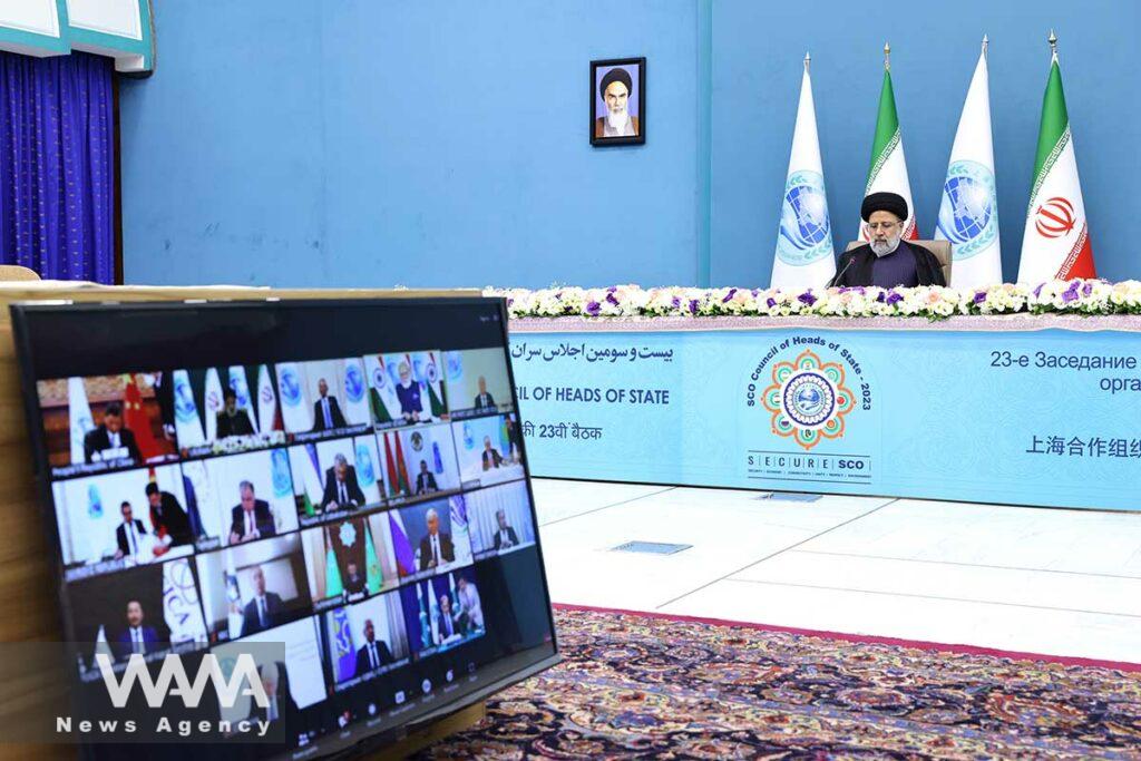 Iranian President Ebrahim Raisi attends the 23rd Shanghai Cooperation Organisation Council of Heads of State (SCO) Summit via video link at the Office of the President of Iran, in Tehran, Iran, July 4, 2023. Iran's Presidency/WANA (West Asia News Agency)