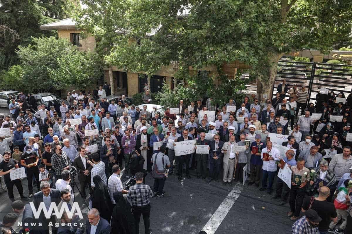 Demonstrators take part in a protest, against a man who burned a copy of the Quran outside a mosque in the Swedish capital Stockholm, in front of the Swedish Embassy in Tehran, Iran July 3, 2023. Majid Asgaripour/WANA (West Asia News Agency)