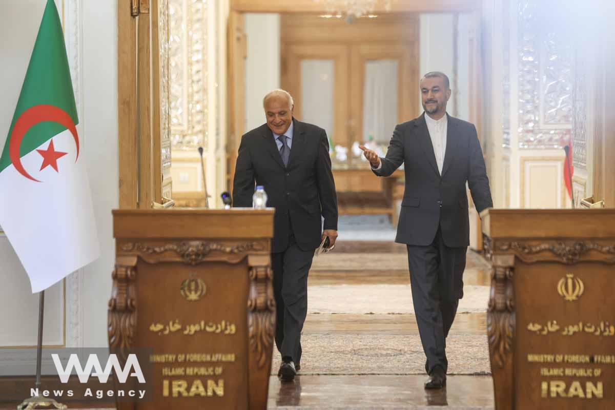 Iranian Foreign Minister Hossein Amir-Abdollahian and Algeria's Foreign Minister Ahmed Attaf attend a joint news conference, in Tehran, Iran July 8, 2023. Majid Asgaripour/WANA (West Asia News Agency)