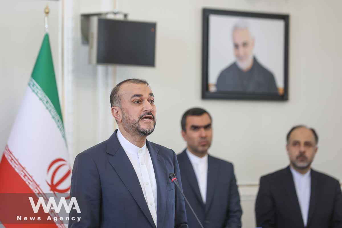 Iran's Foreign Minister Hossein Amir-Abdollahian speaks during a joint news conference with Algeria's Foreign Minister Ahmed Attaf (not pictured), in Tehran, Iran July 8, 2023. Majid Asgaripour/WANA (West Asia News Agency)