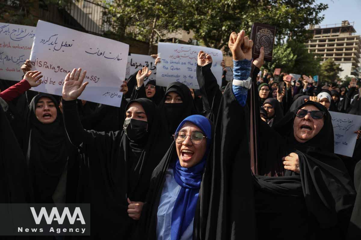 Demonstrators take part in a protest, against the insult to the Koran in Stockholm, in front of the Swedish Embassy in Tehran, Iran July 21, 2023. Majid Asgaripour/WANA (West Asia News Agency)