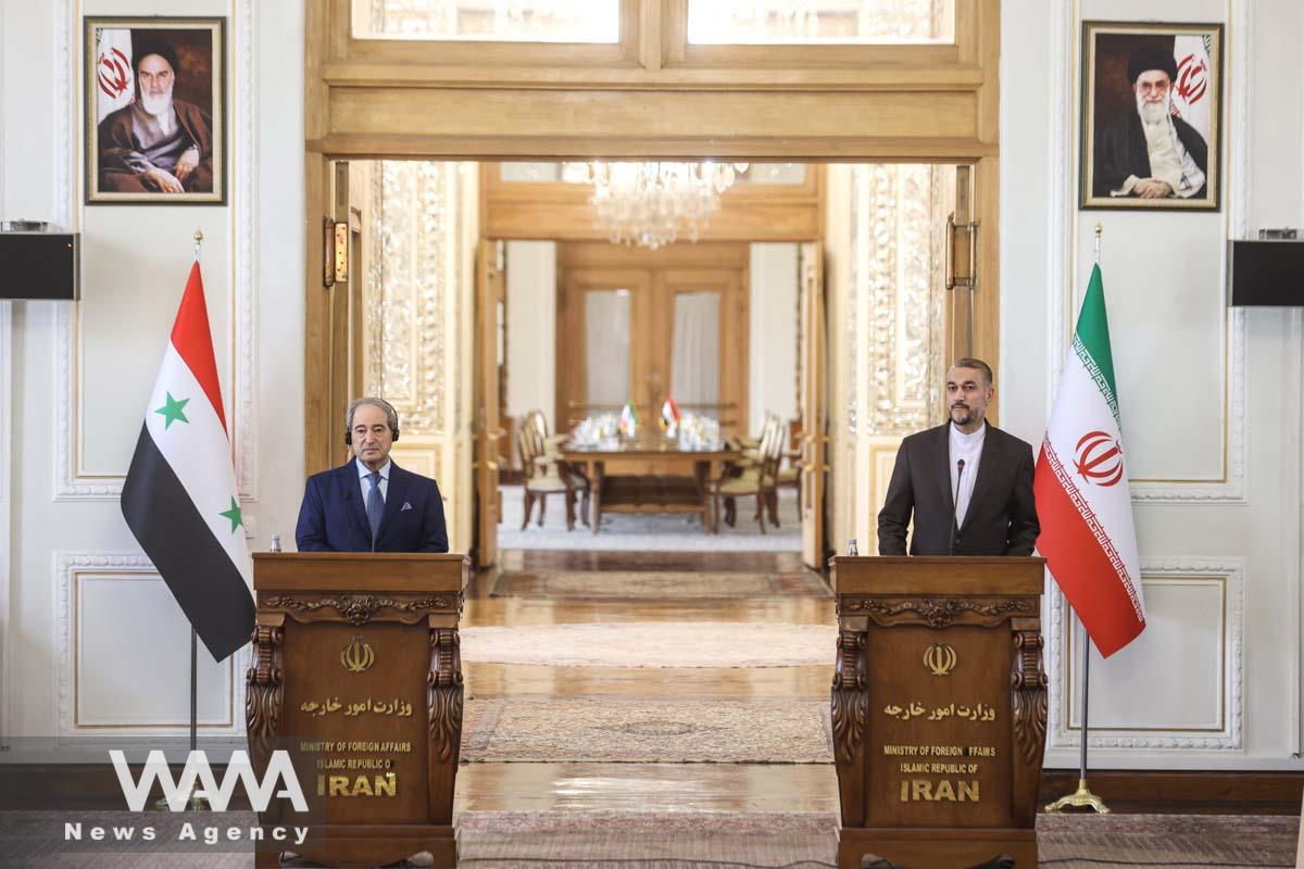 Iranian Foreign Minister Hossein Amir-Abdollahian and his Syrian counterpart Faisal Mekdad attend a joint news conference in Tehran, Iran July 31, 2023. Majid Asgaripour/WANA (West Asia News Agency)