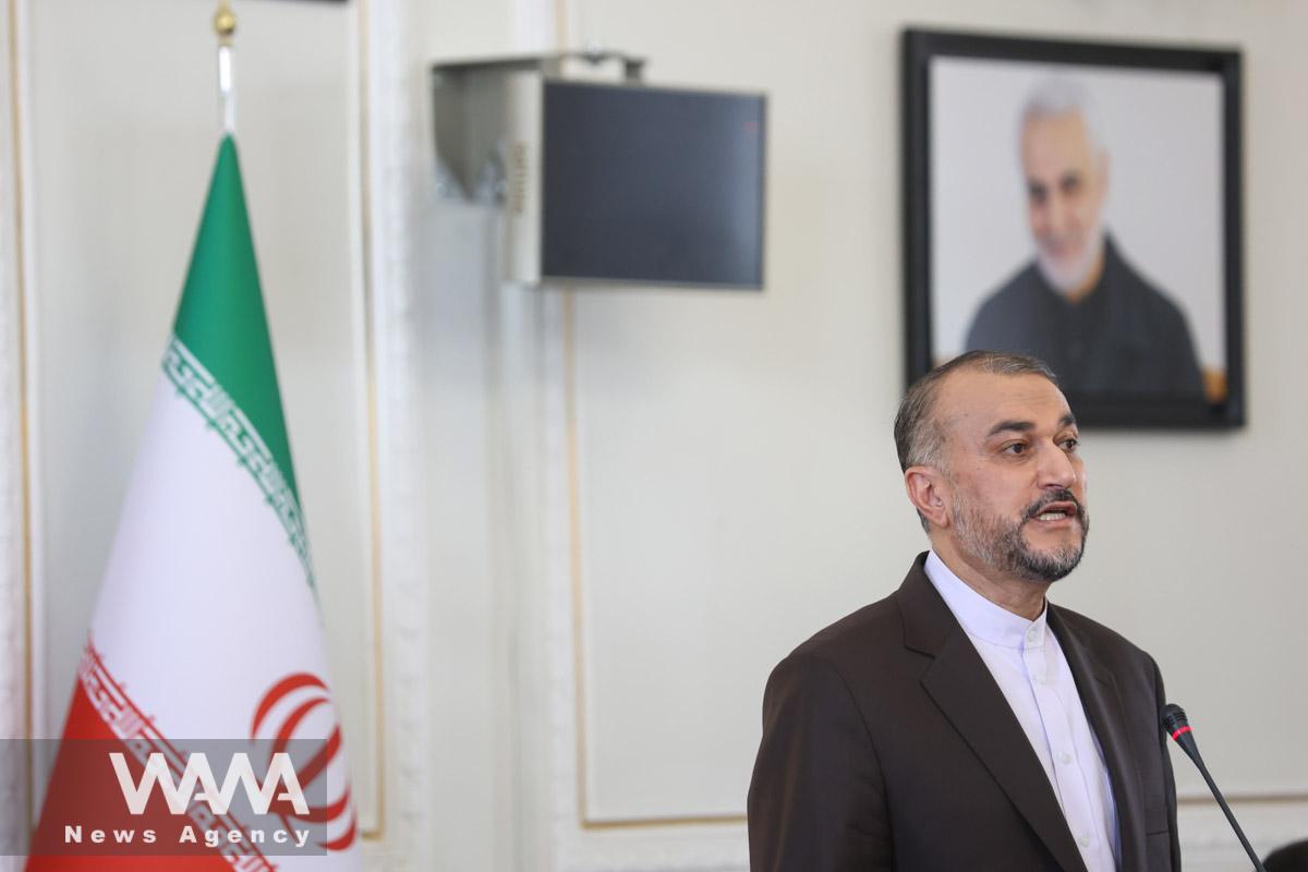 Iranian Foreign Minister Hossein Amir-Abdollahian speaks during a joint news conference with his Syrian counterpart Faisal Mekdad in Tehran, Iran July 31, 2023. Majid Asgaripour/WANA (West Asia News Agency)