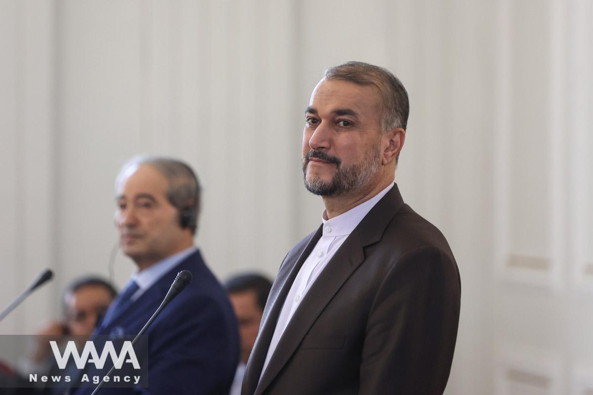 Iranian Foreign Minister Hossein Amir-Abdollahian and his Syrian counterpart Faisal Mekdad attend a joint news conference in Tehran, Iran July 31, 2023. Majid Asgaripour/WANA (West Asia News Agency)