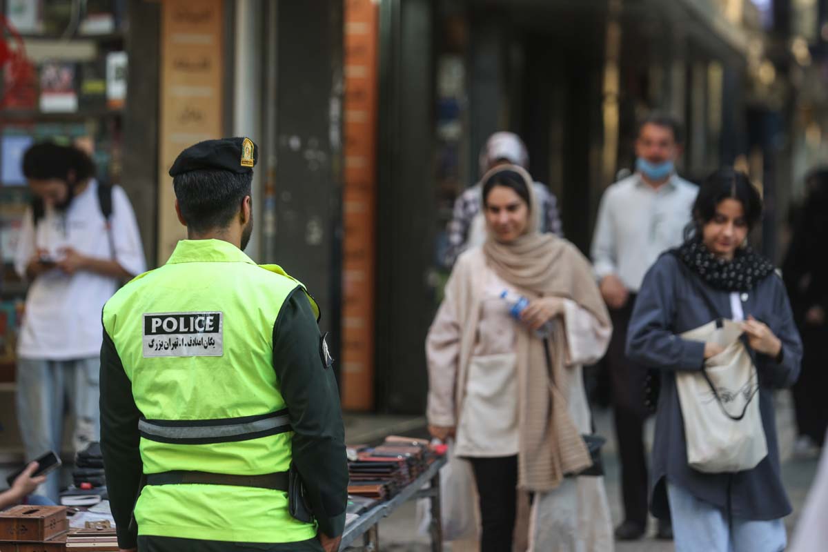 An Iranian police force stands on a street during the revival of morality police in Tehran, Iran, July 16, 2023. Majid Asgaripour/WANA (West Asia News Agency)