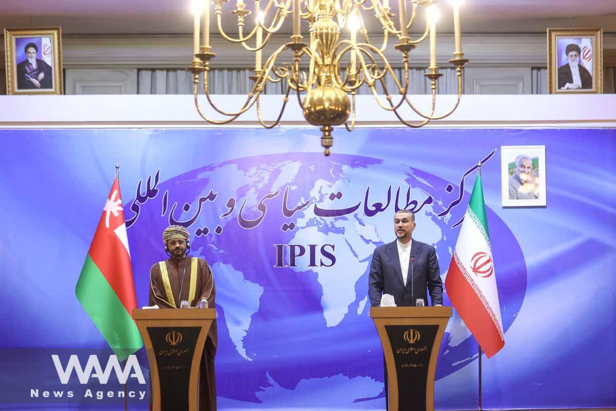 Iranian Foreign Minister Hossein Amir-Abdollahian and Oman's Foreign Minister Sayyid Badr Albusaidi attend a joint news conference, in Tehran, Iran July 17, 2023. Majid Asgaripour/WANA (West Asia News Agency)