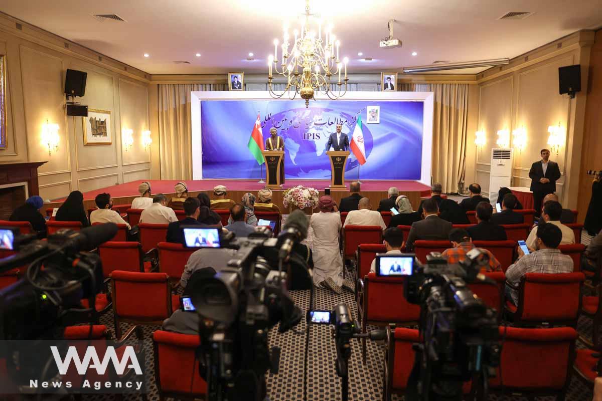 Iranian Foreign Minister Hossein Amir-Abdollahian and Oman's Foreign Minister Sayyid Badr Albusaidi attend a joint news conference, in Tehran, Iran July 17, 2023. Majid Asgaripour/WANA (West Asia News Agency)