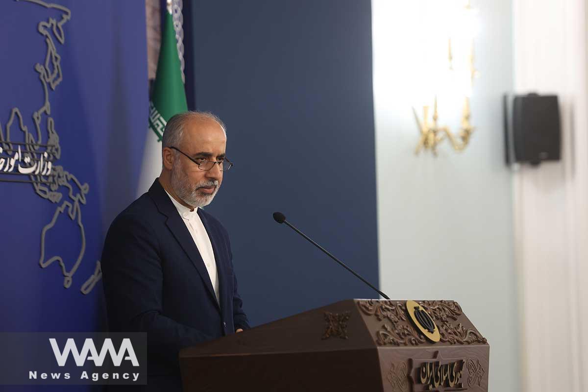 Iranian Foreign Ministry Spokesman Naser Kanaani speaks in his weekly press conference in Tehran, Iran, August 14, 2023. Majid Asgaripour/WANA (West Asia News Agency)