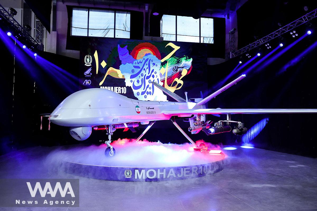 A new drone called "Mohajer 10" with a range of 2000 km, unveiled by Iran, is seen in Tehran, Iran, August 22, 2023. Iran's Presidency/WANA (West Asia News Agency)
