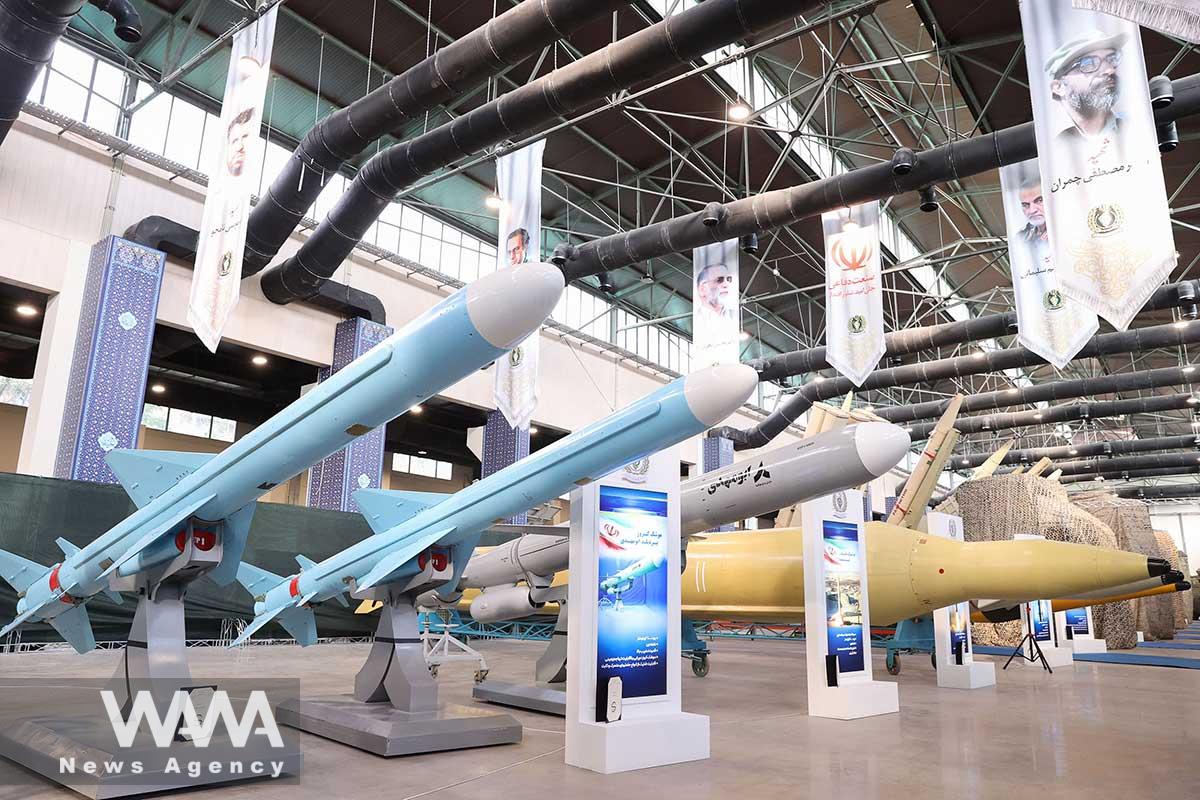 Iranian missiles are displayed during Iran's defence achievements exhibition in Tehran, Iran, August 22, 2023. Iran's Presidency/WANA (West Asia News Agency)