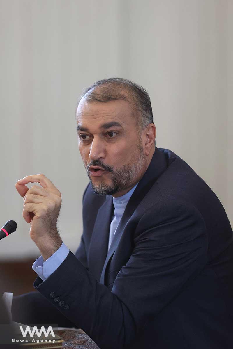 Iran's Foreign Minister Hossein Amir-Abdollahian speaks during a press conference in Tehran, Iran, August 14, 2023. Majid Asgaripour/WANA (West Asia News Agency)