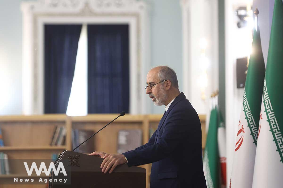 Iranian Foreign Ministry Spokesman Naser Kanaani speaks in his weekly press conference in Tehran, Iran, August 14, 2023. Majid Asgaripour/WANA (West Asia News Agency)