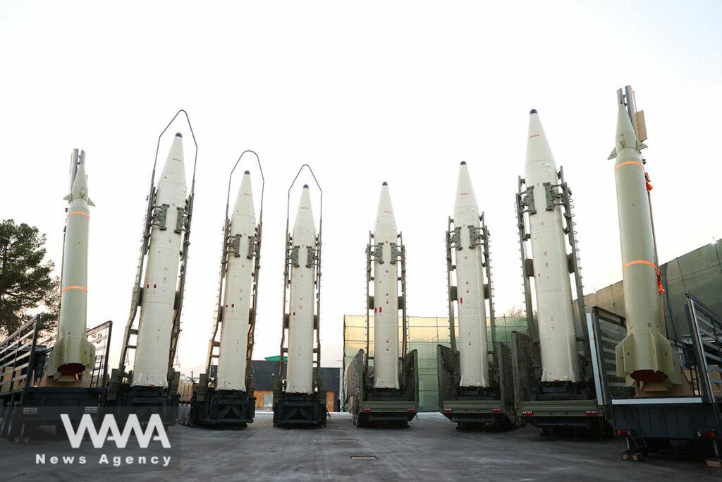 Iranian ballistic missiles are displayed during the ceremony of joining the Armed Forces, in Tehran, Iran, August 22, 2023. Iran's Presidency/WANA (West Asia News Agency)
