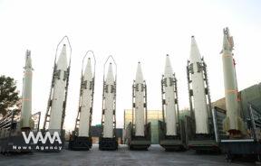 Iranian ballistic missiles are displayed during the ceremony of joining the Armed Forces, in Tehran, Iran, August 22, 2023. Iran's Presidency/WANA (West Asia News Agency)