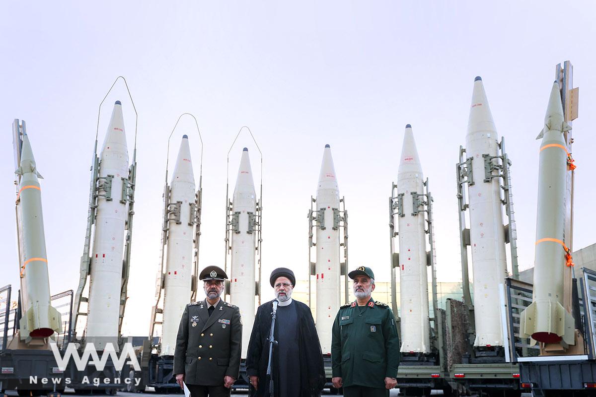Iranian President Ebrahim Raisi speaks during the joining ceremony of ballistic missiles to the Armed Forces, in Tehran, Iran, August 22, 2023. Iran's Presidency/WANA (West Asia News Agency)