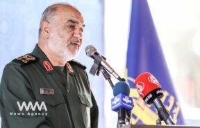 Islamic Revolutionary Guard Corps (IRGC) Commander-in-Chief Major General Hossein Salami speaks during the ceremony of joining the IRGC Navy at an undisclosed location in Iran, in this handout image obtained on August 5, 2023. Iranian Army/WANA (West Asia News Agency)