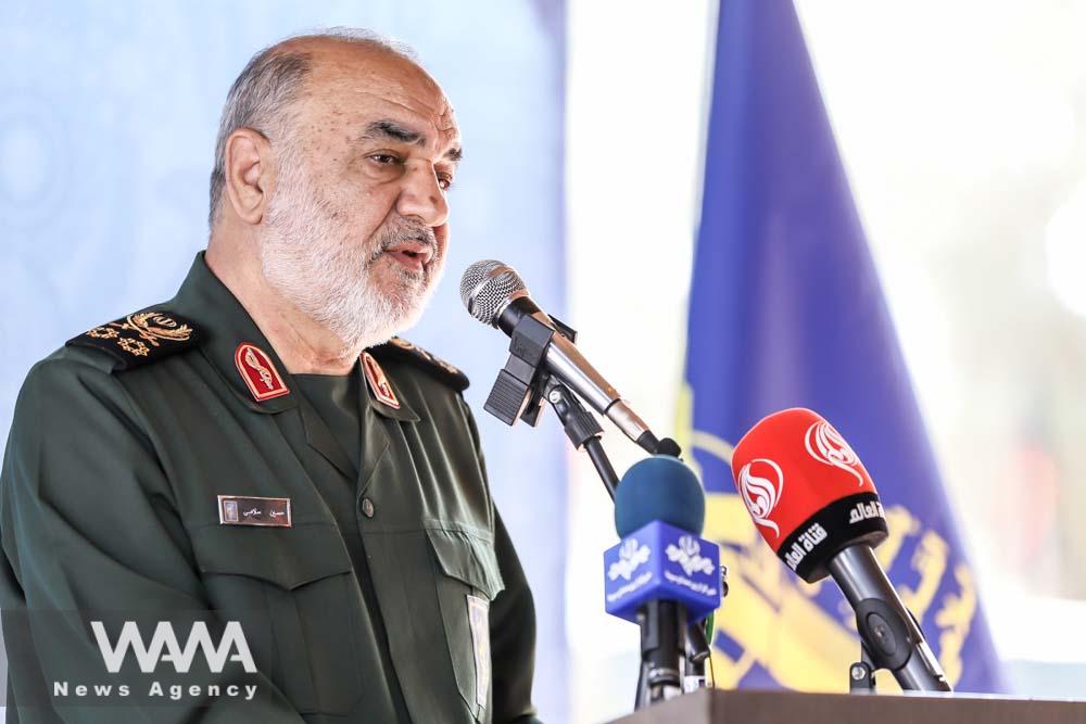 Islamic Revolutionary Guard Corps (IRGC) Commander-in-Chief Major General Hossein Salami speaks during the ceremony of joining the IRGC Navy at an undisclosed location in Iran, in this handout image obtained on August 5, 2023. Iranian Army/WANA (West Asia News Agency)