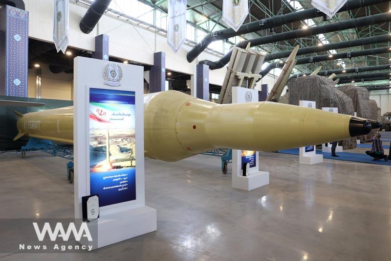 An Iranian ballistic missile called "Qadr" with a range of 2000 km, is seen during Iran's defence achievements exhibition in Tehran, Iran August 23, 2023. Majid Asgaripour/WANA (West Asia News Agency)