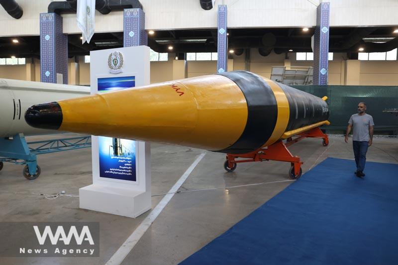 An Iranian ballistic missile called "Khorramshahr" with a range of 2000 km, is seen during Iran's defence achievements exhibition in Tehran, Iran August 23, 2023. Majid Asgaripour/WANA (West Asia News Agency)
