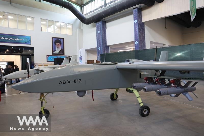 An Iranian drone is displayed during Iran's defence achievements exhibition in Tehran, Iran August 23, 2023. Majid Asgaripour/WANA (West Asia News Agency)