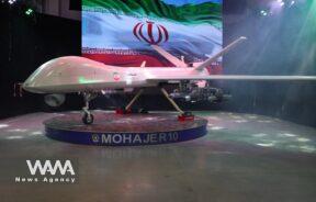 A new drone called "Mohajer 10" with a range of 2000 km, unveiled by Iran, is seen in Tehran, Iran August 23, 2023. Majid Asgaripour/WANA (West Asia News Agency)