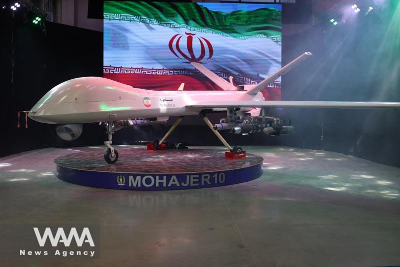 A new drone called "Mohajer 10" with a range of 2000 km, unveiled by Iran, is seen in Tehran, Iran August 23, 2023. Majid Asgaripour/WANA (West Asia News Agency)