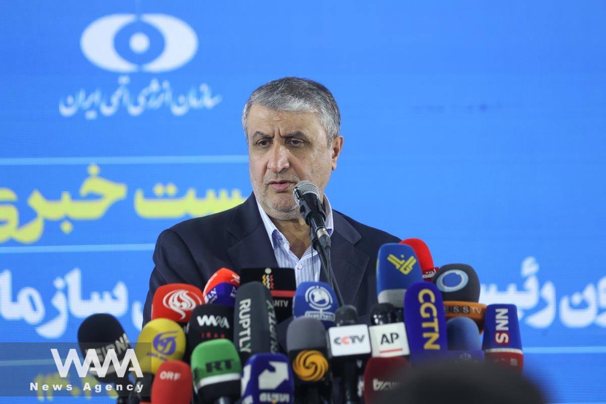 Head of Iran's Atomic Energy Organization Mohammad Eslami speaks on during a news conference in Tehran, Iran August 27, 2023. Majid Asgaripour/WANA (West Asia News Agency)
