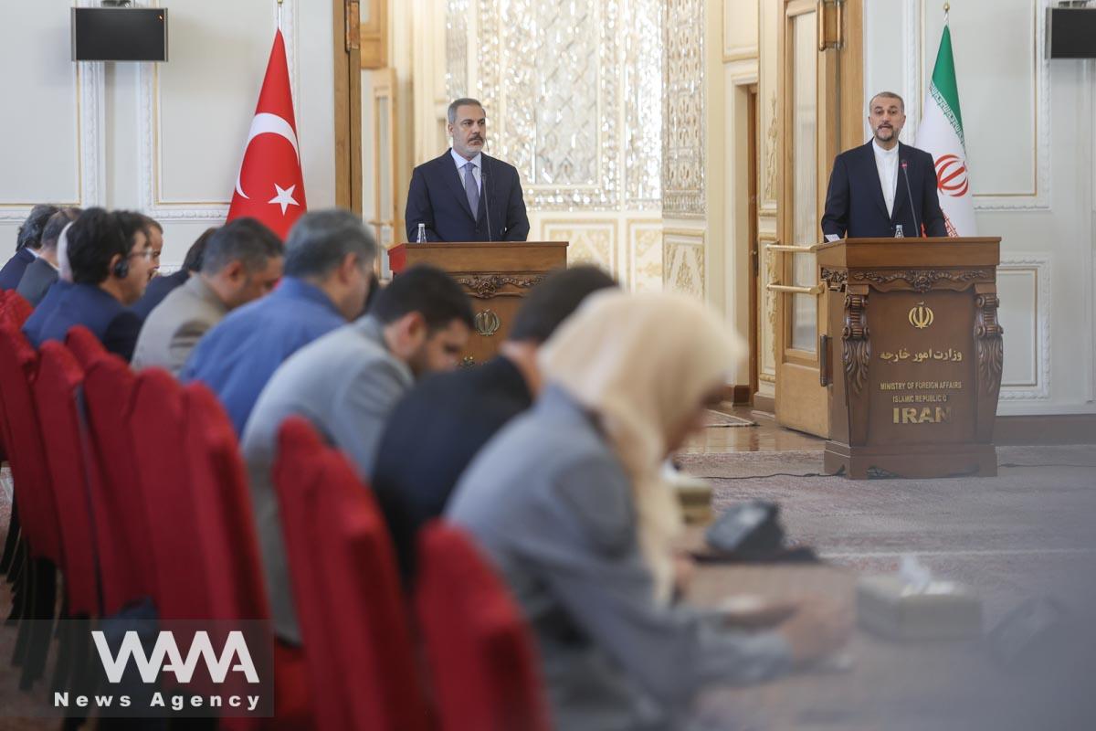 Iran's Foreign Minister Hossein Amir-Abdollahian and Turkish Foreign Minister Hakan Fidan attend a joint press conference, in Tehran, Iran, September 3, 2023. Majid Asgaripour/WANA (West Asia News Agency)