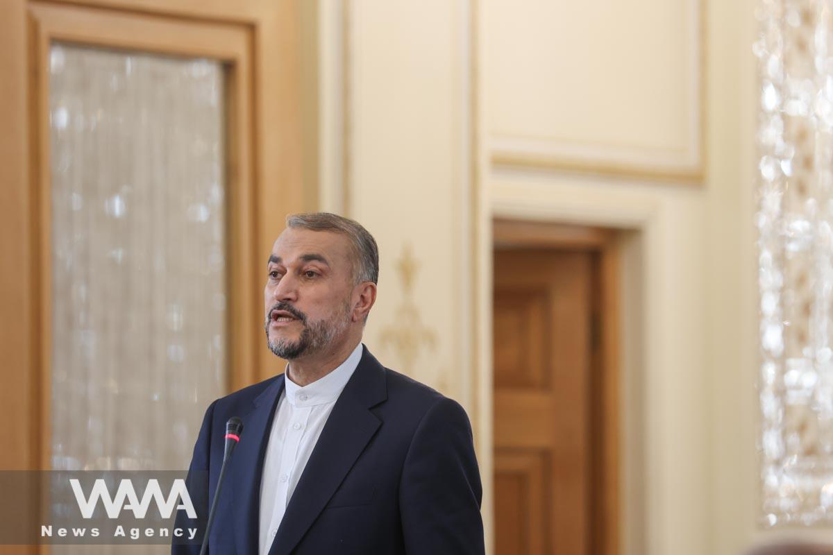 Iran's Foreign Minister Hossein Amir-Abdollahian speaks during a joint press conference with Turkish Foreign Minister Hakan Fidan (not pictured), in Tehran, Iran, September 3, 2023. Majid Asgaripour/WANA (West Asia News Agency)