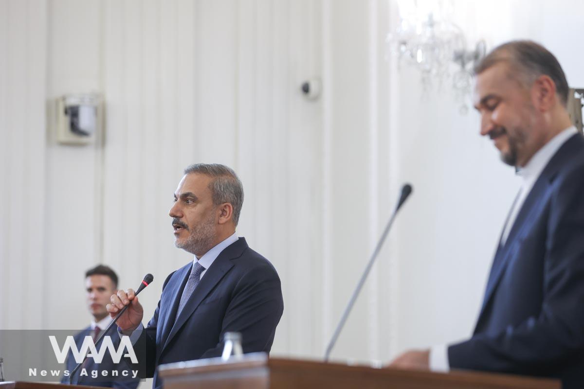 Turkish Foreign Minister Hakan Fidan speaks during a joint press conference with Iran's Foreign Minister Hossein Amir-Abdollahian (not pictured), in Tehran, Iran, September 3, 2023. Majid Asgaripour/WANA (West Asia News Agency)