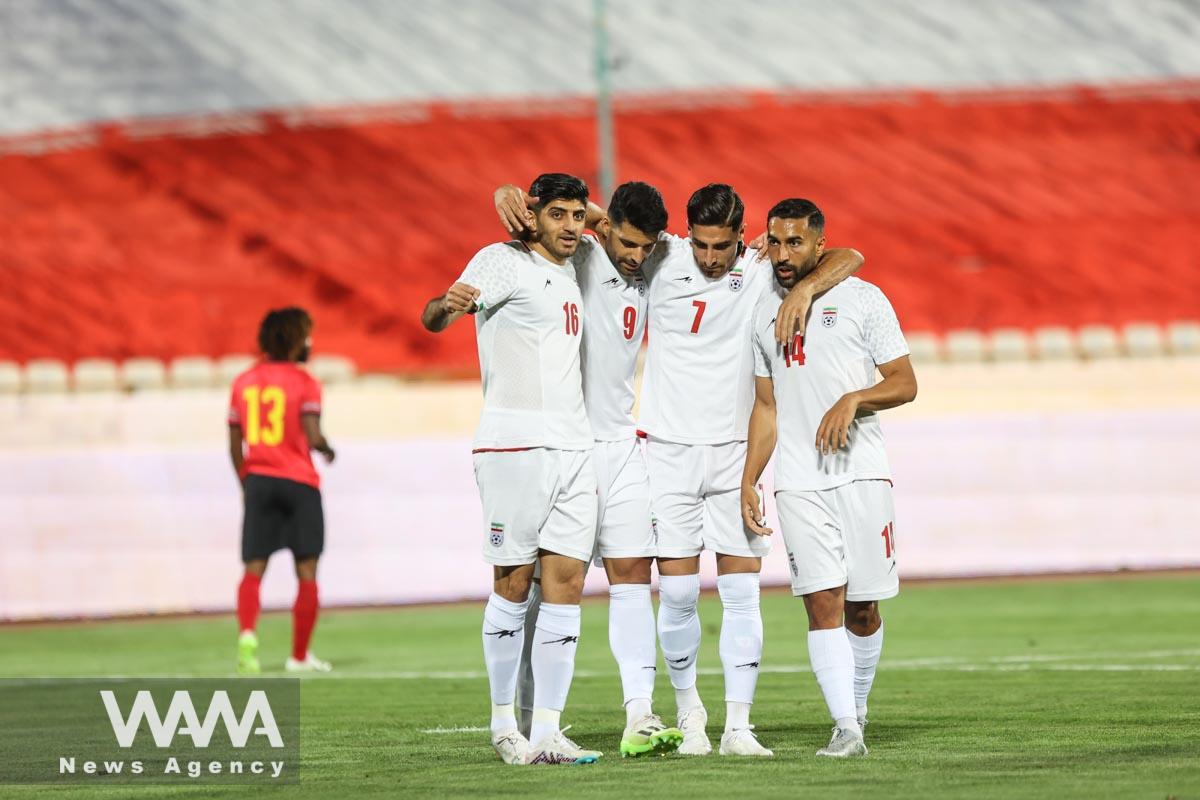 Soccer Football - International Friendly - Iran v Angola - Azadi Stadium, Tehran, Iran - September 13, 2023 Iran's Mehdi Torabi celebrates scoring their first goal with teammates Majid Asgaripour/WANA (West Asia News Agency)