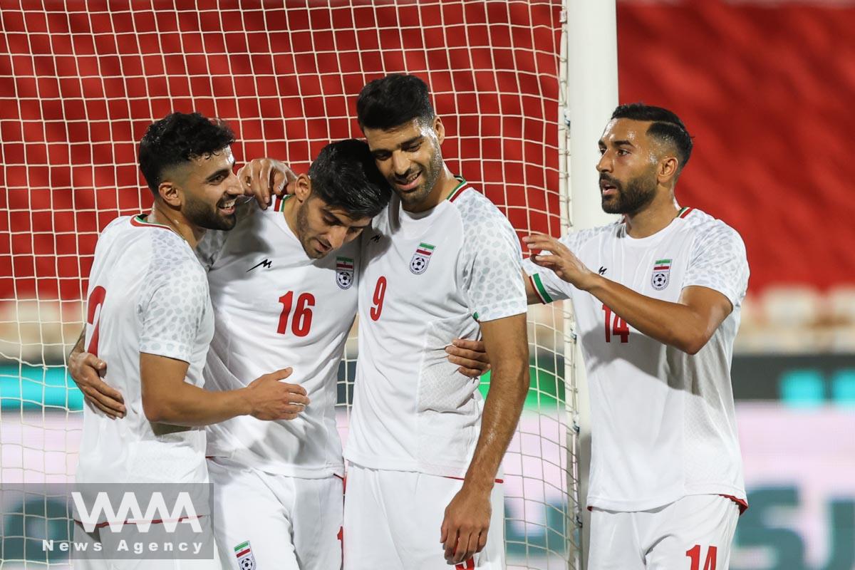 Soccer Football - International Friendly - Iran v Angola - Azadi Stadium, Tehran, Iran - September 13, 2023 Iran's Mehdi Taremi celebrates scoring their first goal with teammates Majid Asgaripour/WANA (West Asia News Agency)