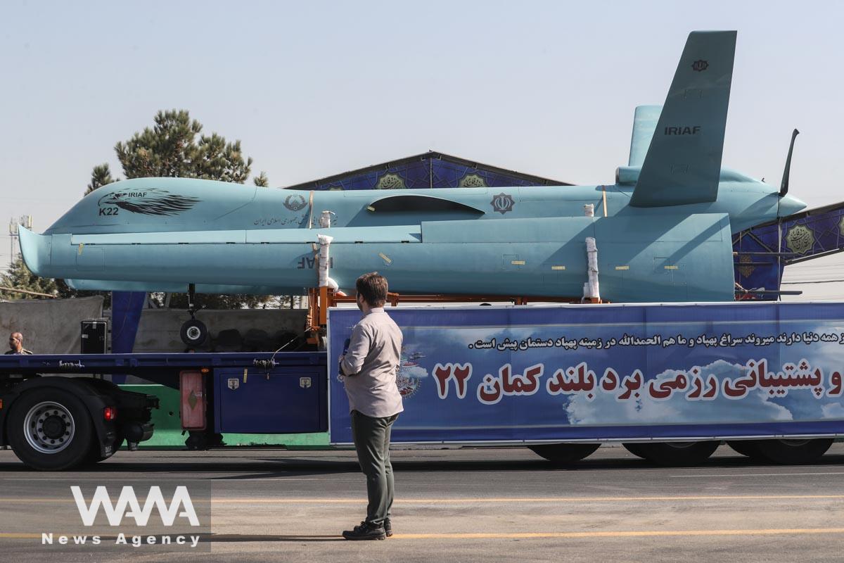 An Iranian drone is seen during the annual military parade in Tehran, Iran, September 22, 2023. Majid Asgaripour/WANA (West Asia News Agency)