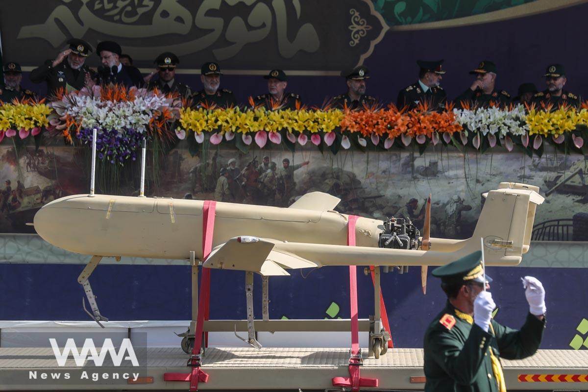 An Iranian drone is seen during the annual military parade in Tehran, Iran, September 22, 2023. Majid Asgaripour/WANA (West Asia News Agency)