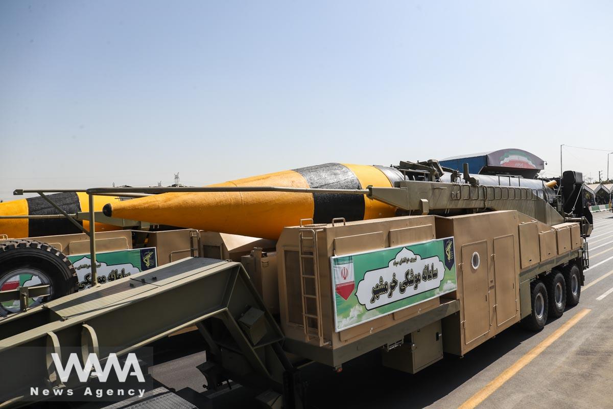 An Iranian missile is seen during the annual military parade in Tehran, Iran, September 22, 2023. Majid Asgaripour/WANA (West Asia News Agency)