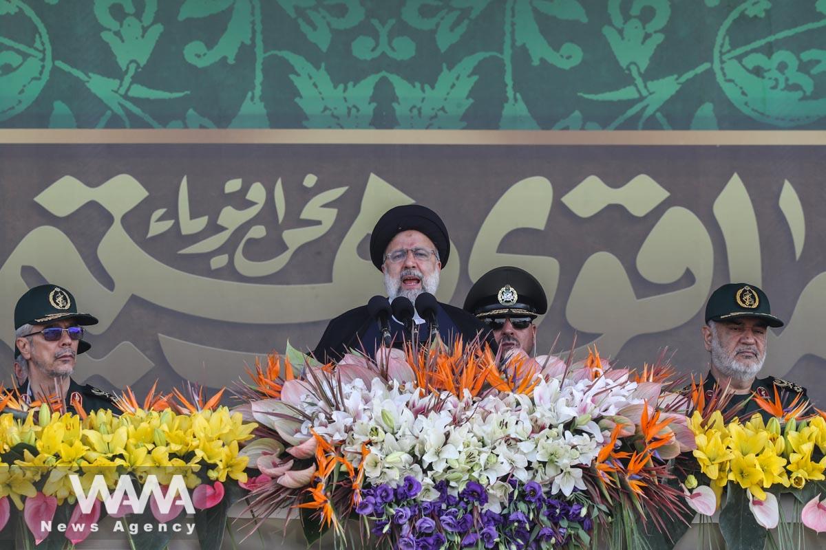 Iranian President Ebrahim Raisi delivers a speech during the annual military parade in Tehran, Iran, September 22, 2023. Majid Asgaripour/WANA (West Asia News Agency)