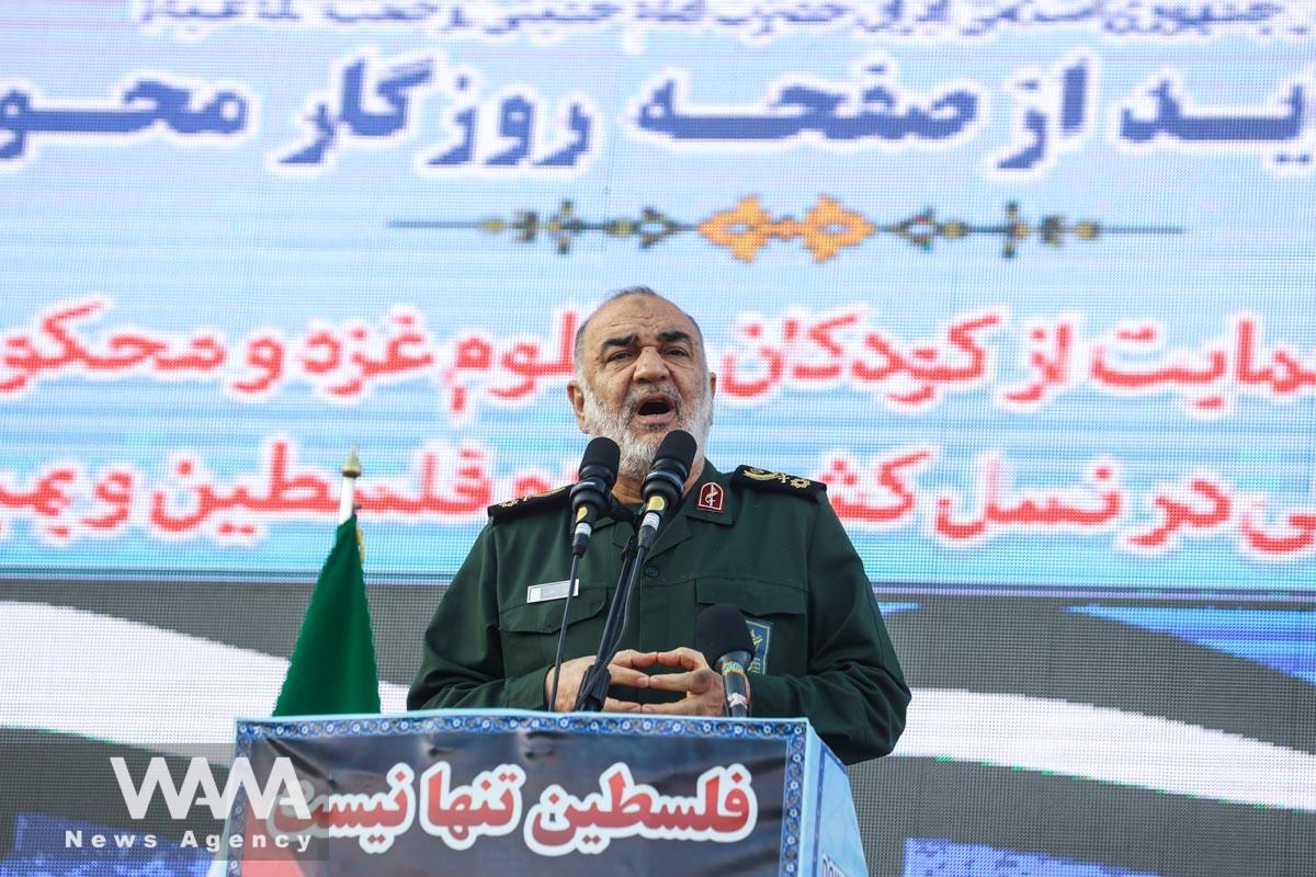 Islamic Revolutionary Guard Corps (IRGC) Commander-in-Chief Major General Hossein Salami, speaks during an anti-Israel protest in Tehran/WANA (West Asia News Agency)