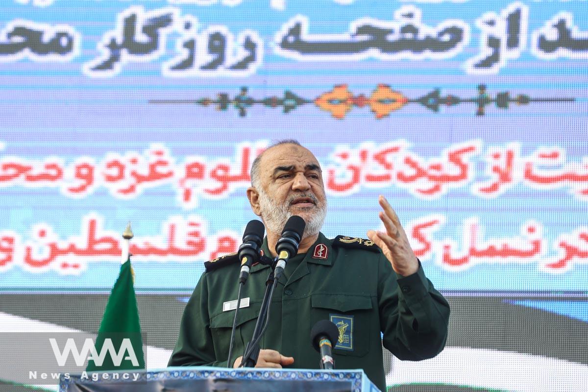 Islamic Revolutionary Guard Corps (IRGC) Commander-in-Chief Major General Hossein Salami, speaks during an anti-Israel protest in Tehran/WANA (West Asia News Agency)