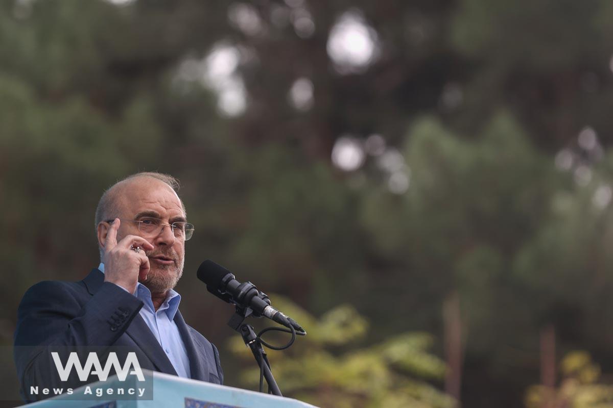 Speaker of the Parliament of Iran Mohamed Bagher Ghalibaf speaks during the 44th anniversary of the U.S. expulsion from Iran/WANA (West Asia News Agency)