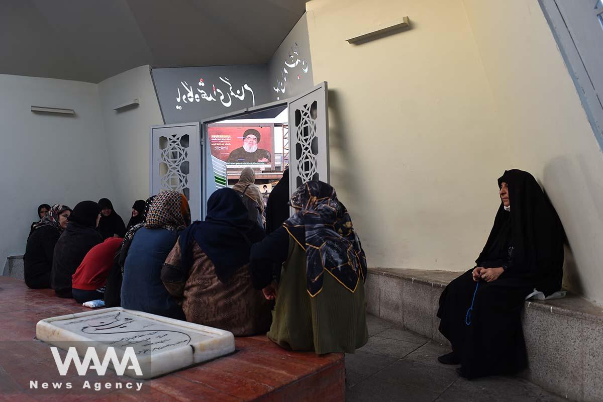 Supporters of Palestine listen to Hezbollah leader Sayyed Hassan Nasrallah's speech via a screen during a gathering in support of Palestinians, in Iran/WANA (West Asia News Agency)
