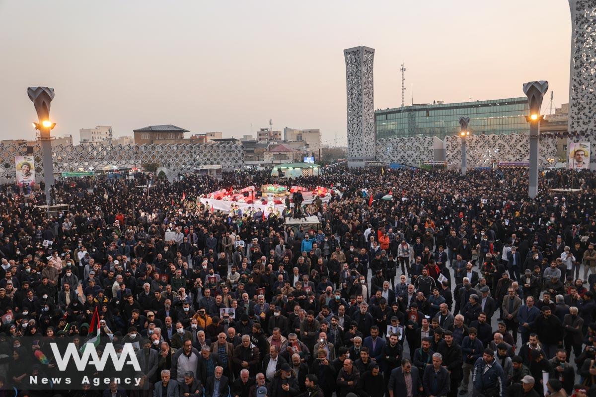People gather for the funeral ceremony of Panah Taghizadeh and Mohammad-Ali Ataie, members of Iran's Islamic Revolution Guards Corps (IRGC) who were killed in an Israeli airstrike on Syria, held in Tehran/WANA (West Asia News Agency)
