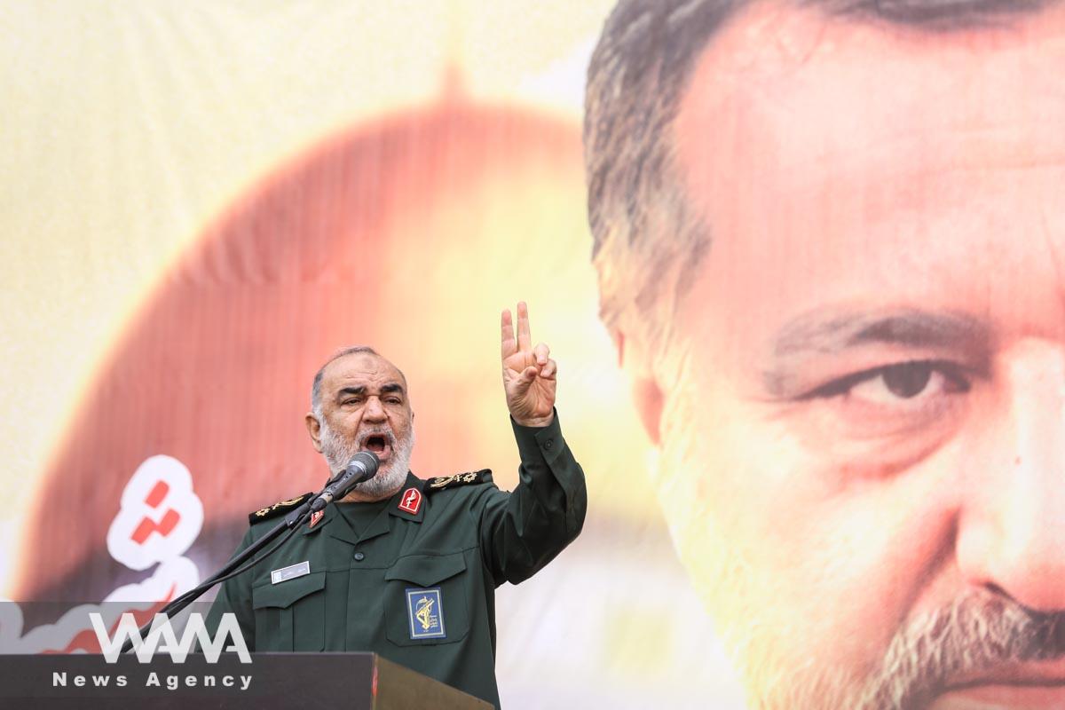Islamic Revolutionary Guard Corps (IRGC) Commander-in-Chief Major General Hossein Salami, speaks during the funeral ceremony of senior adviser for Iran's Revolutionary Guards, Sayyed Razi Mousavi, who was killed in an Israeli air strike outside the Syrian capital Damascus