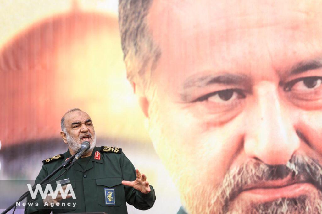 Islamic Revolutionary Guard Corps (IRGC) Commander-in-Chief Major General Hossein Salami, speaks during the funeral ceremony of senior adviser for Iran's Revolutionary Guards, Sayyed Razi Mousavi, who was killed in an Israeli air strike outside the Syrian capital Damascus