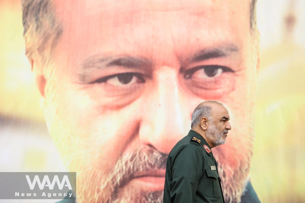 Islamic Revolutionary Guard Corps (IRGC) Commander-in-Chief Major General Hossein Salami, attends the funeral ceremony of senior adviser for Iran's Revolutionary Guards, Sayyed Razi Mousavi, who was killed in an Israeli air strike outside the Syrian capital Damascus