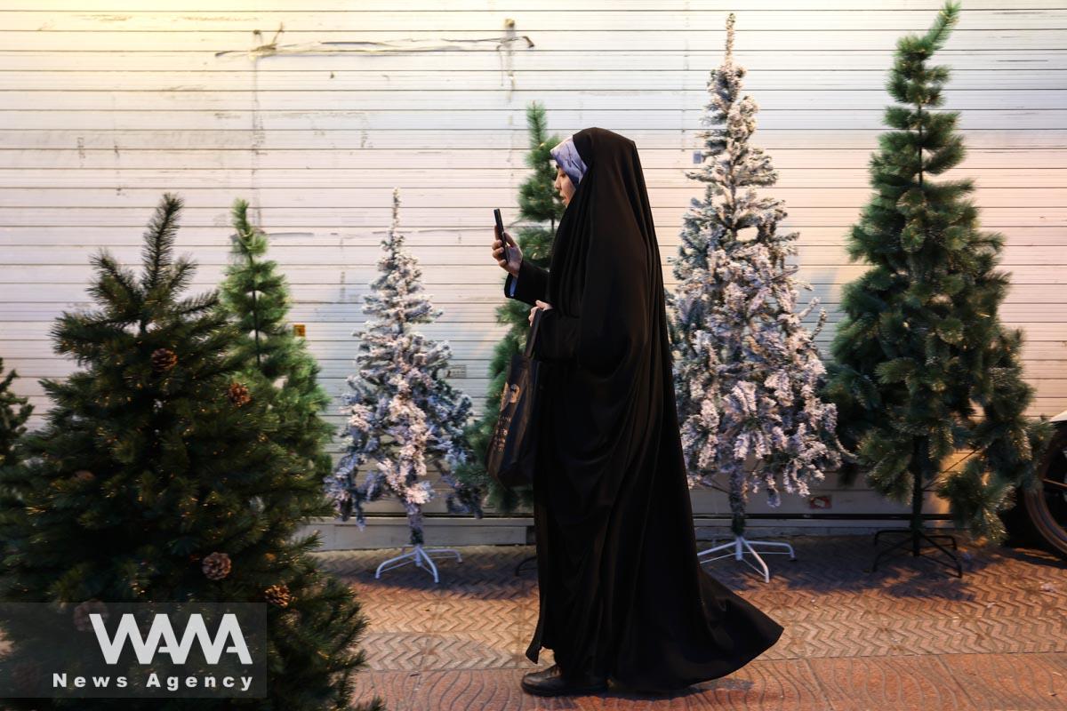 An Iranian woman walks past the Christmas trees in a street/WANA (West Asia News Agency)