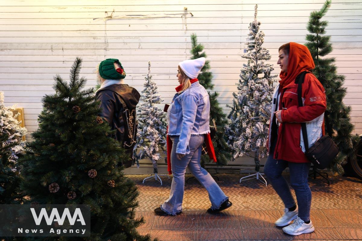 An Iranian woman walks past the Christmas trees in a street/WANA (West Asia News Agency)