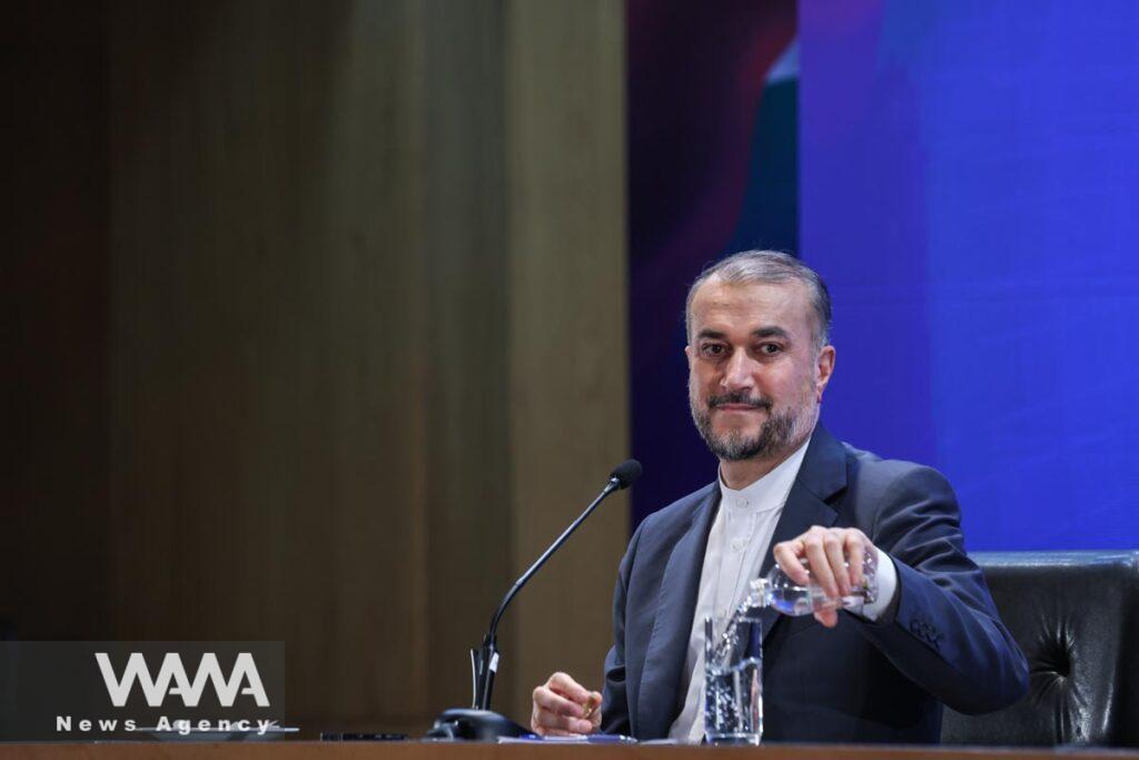 Iranian Foreign Minister Hossein Amirabdollahian speaks during a press conference after the Tehran International Conference on Palestine/WANA (West Asia News Agency)