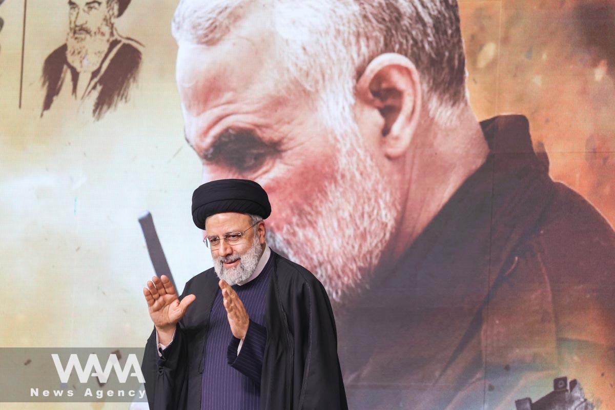 Iranian President Ebrahim Raisi gives a speech during a ceremony to mark the fourth anniversary of the killing of senior Iranian military commander General Qassem Soleimani in a U.S. attack